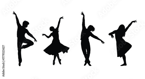 Silhouette of four dancers isolated on white background performing on stage