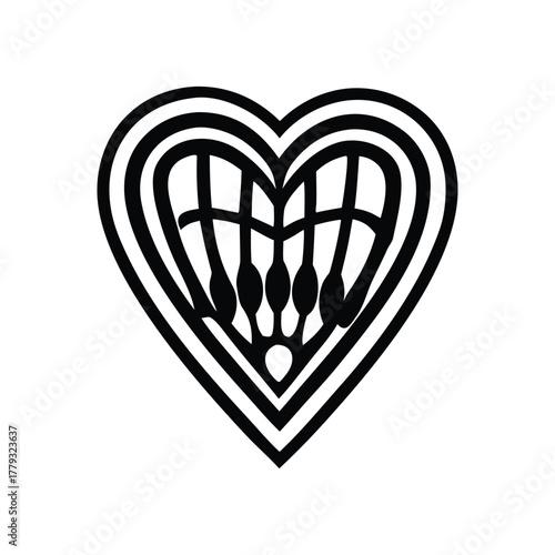 Geometric heart icon with a central sunburst star design. Abstract black and white vector symbol of love, light, and passion on an isolated background