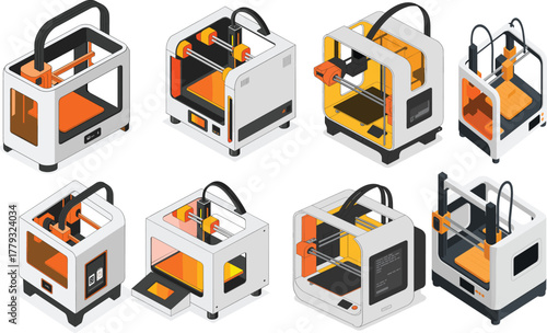Isometric 3D illustration of modern 3D printer machine with orange details, technology manufacturing concept, digital fabrication and prototyping equipment design
