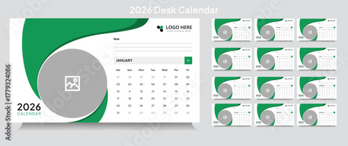 Trendy desk calendar 2026 template, corporate desk calendar schedule 2026 monthly 12-page planner layout, editable vector eps 10 file format