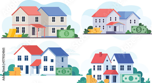Modern real estate investment illustration showing two houses with red and blue roofs, coins, dollar money sign, property finance concept, savings