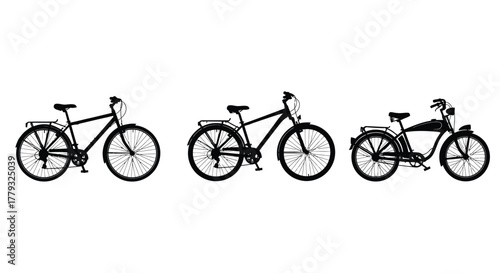 Three bicycles in a row isolated on white background for transportation theme