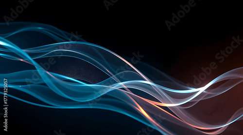 Abstract flowing blue and orange light energy waves creating a dynamic futuristic digital particle data stream motion graphic design background with elegant luminous lines