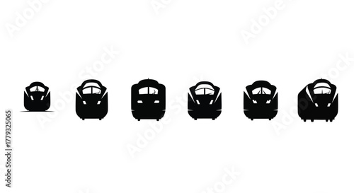 Six train silhouettes isolated on white background in a row