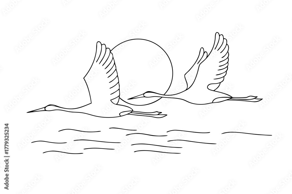 Obraz premium Two line art cranes flying over water with sun in the background 