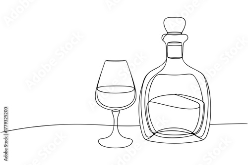 Line art illustration of a whiskey glass and bottle on a table  