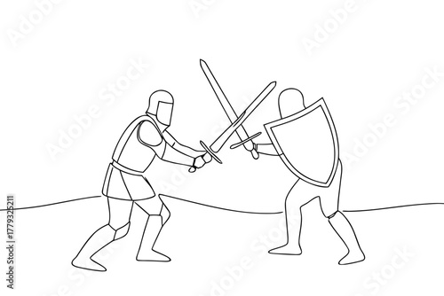 Line art of two knights battling with swords in a minimal style  
