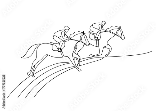 Line art of two jockeys racing on horses in motion  