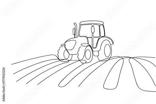 Simple line art of tractor plowing field with curved rows  