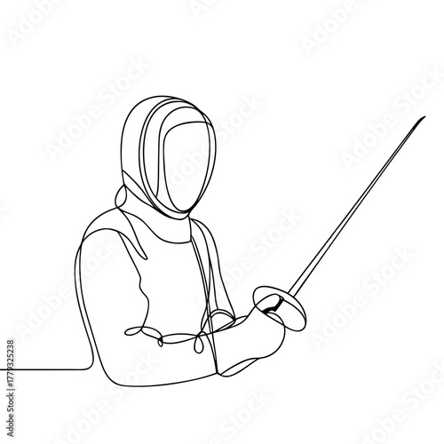 Line art of fencer holding sword in dynamic pose  