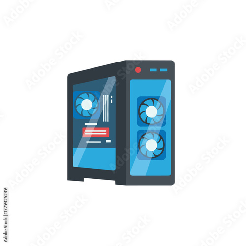 A flat style illustration of a gaming computer CPU tower featuring RGB lighting and a modern design, symbolizing power, performance, and advanced technology