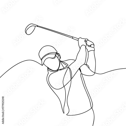 Golfer swinging a club in minimalist line art style  