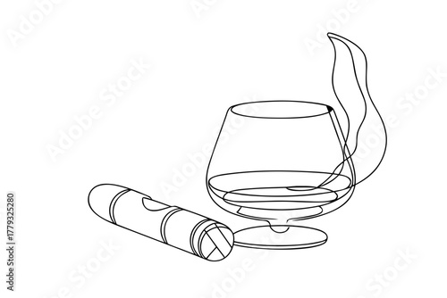 Line art of whiskey glass and cigar with smoke outline  