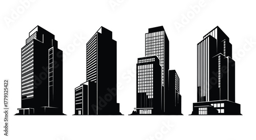 Four city buildings silhouette isolated on white background for design use