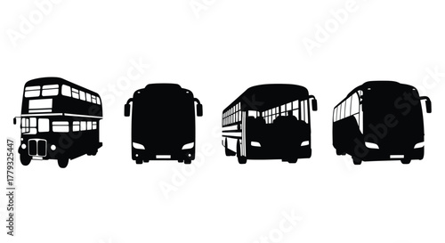 Four bus silhouettes isolated on white background in different positions