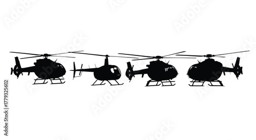 Four helicopter silhouettes isolated on white background for aviation concepts