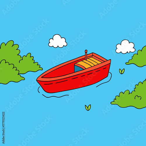 A charming red rowboat floats on calm blue water surrounded by green foliage and clouds isolated on white background isolated on transparent background