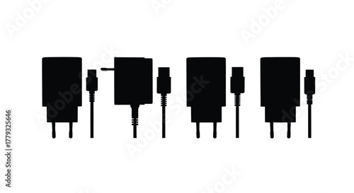 Four black phone chargers isolated on white background for electronic devices