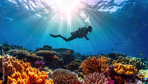 Fototapeta Naklejka Na Ścianę i Meble -  Scuba diver explores vibrant coral reef teeming with small fish beneath sun rays piercing the deep blue ocean water creating dazzling light effects
