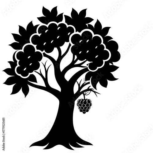Stylized black silhouette of a fruit tree with a bunch of grapes isolated on white background isolated on transparent background
