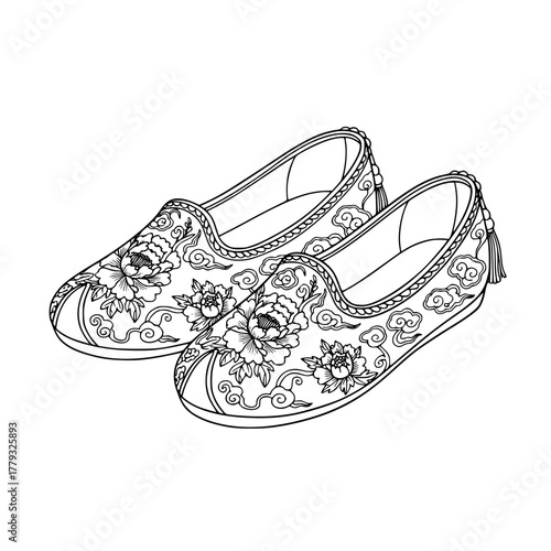 Chinese floral embroidered shoes vector outline