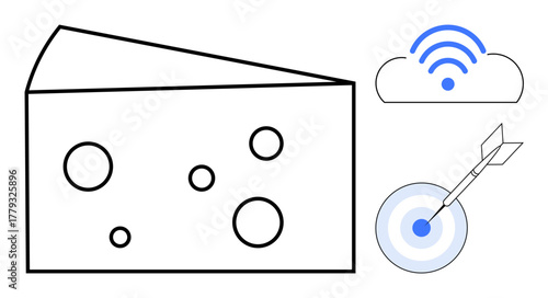 Swiss cheese slice with holes, cloud emitting wireless signal, and dart hitting target bullseye. Ideal for connectivity, precision, focus, strategy, goal achievement accuracy innovation. Minimalist