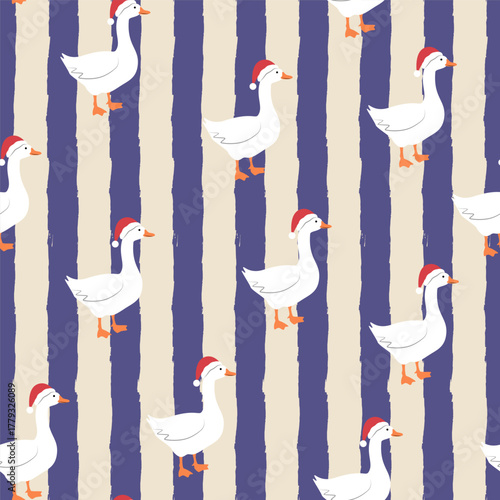 Seamless Christmas pattern with geese in Santa hats and bows. Vintage vector illustration.