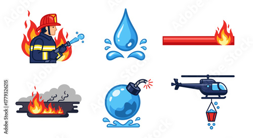 Collection of Wildfires themed icons, including Firefighter, Dropping Water, Fire Line, Backfire, Water Bomb, Helicopter