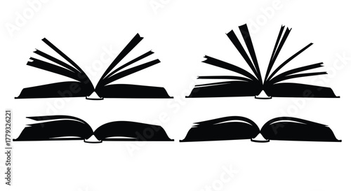 Four open books with different pages isolated on white background