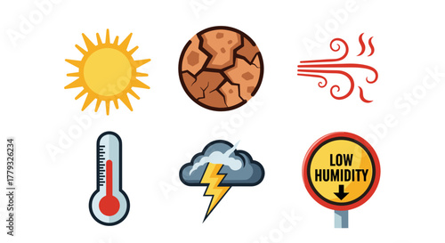Collection of Wildfires themed icons, including Sun, Drought, Hot Wind, Thermometer, Dry Lightning, Low Humidity Sign