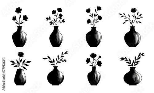 Black vases with blooming flowers and leaves in stylish composition. Smooth shading adds volume and contrast. Perfect for interior, nature, or minimalist themes