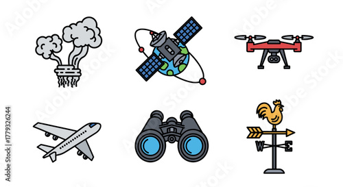 Collection of Wildfires themed icons, including Smoke Plume, Satellite, Drone, Airplane, Binoculars, Weather Vane