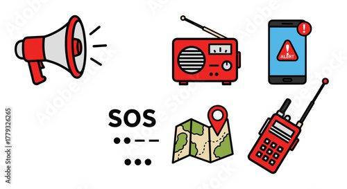 Collection of Wildfires themed icons, including Megaphone, Radio, Smartphone Alert, SOS Signal, Map, Walkie-Talkie