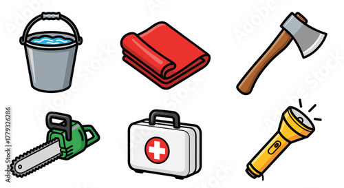 Collection of Wildfires themed icons, including Water Bucket, Fire Blanket, Axe, Chainsaw, First Aid Kit, Flashlight