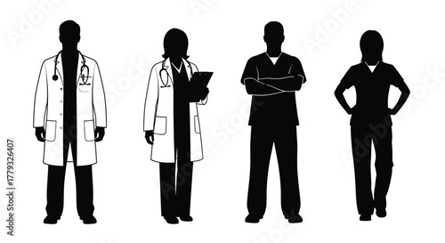 Silhouette of medical staff isolated on white background, vector illustration