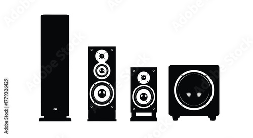 Four speakers isolated on white background for sound system and music concept