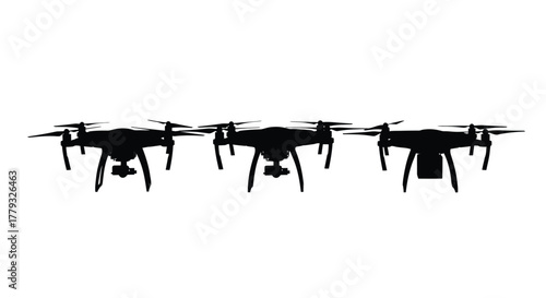 Three drones isolated on white background for aerial photography concept
