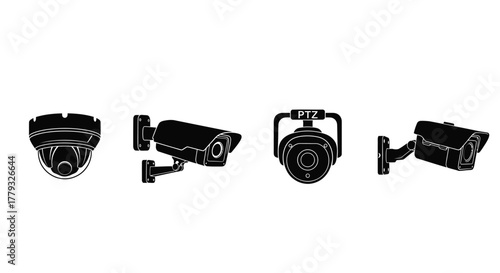 Four security camera icons isolated on white background for surveillance system