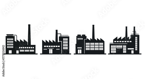 Four factory building silhouettes isolated on white background for industrial design