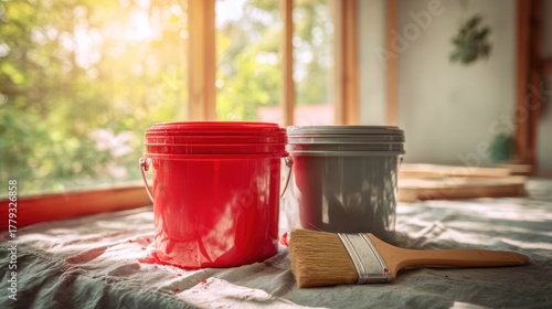 Two paint buckets and a brush sit on a draped surface, natural light streams through a window