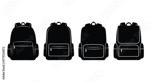 Four black silhouette backpacks isolated on white background for travel use