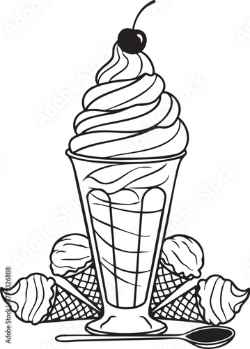 Adobe Illustrator Artwork Tall Ice Cream Sundae with Cherry and Whipped Cream Surrounded by Cones - Dessert Outline Graphic