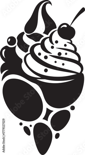 Adobe Illustrator Artwork Abstract Ice Cream Sundae or Dessert with Whipped Cream and Cherry - Stylized Black and White Graphic