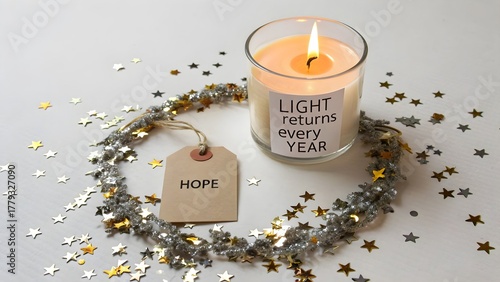 Flat-lay of candle flame surrounded by metallic confetti ring, new year concept