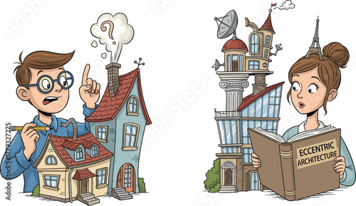 Creative cartoon architects designing strange houses, eccentric architecture concept, innovative building ideas, imagination, funny engineering illustration, art design