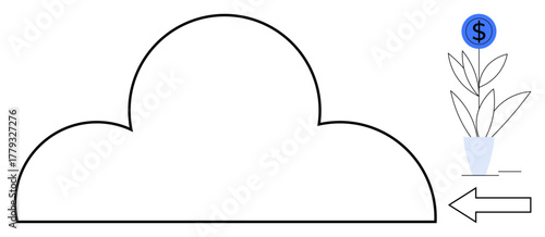 Cloud shape with arrow directing toward potted plant symbolizing financial growth via technology. Ideal for innovation, finance, progress, cloud storage, sustainability, growth strategy, simple flat