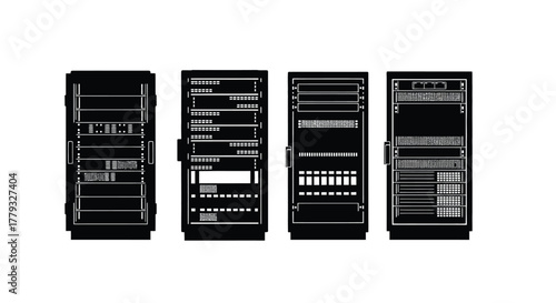 Four server rack icons isolated on white background in black color