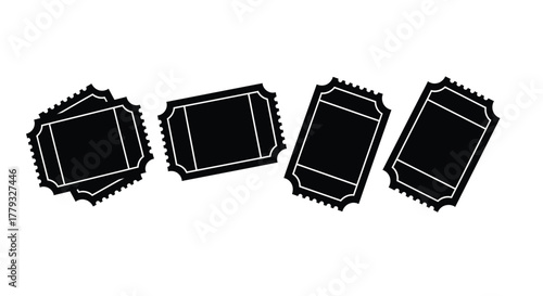 Four black tickets isolated on white background in a row on white background