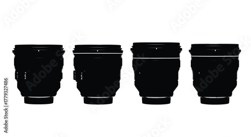 Four camera lens silhouettes isolated on white background in a row