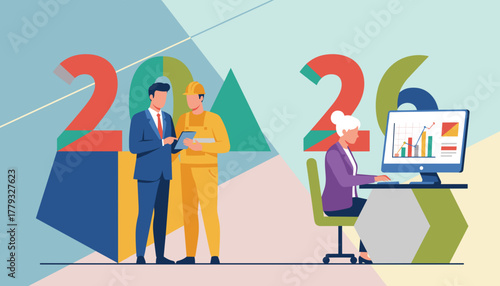 2026 business goals Collaboration between professionals and managers analyzing growth data